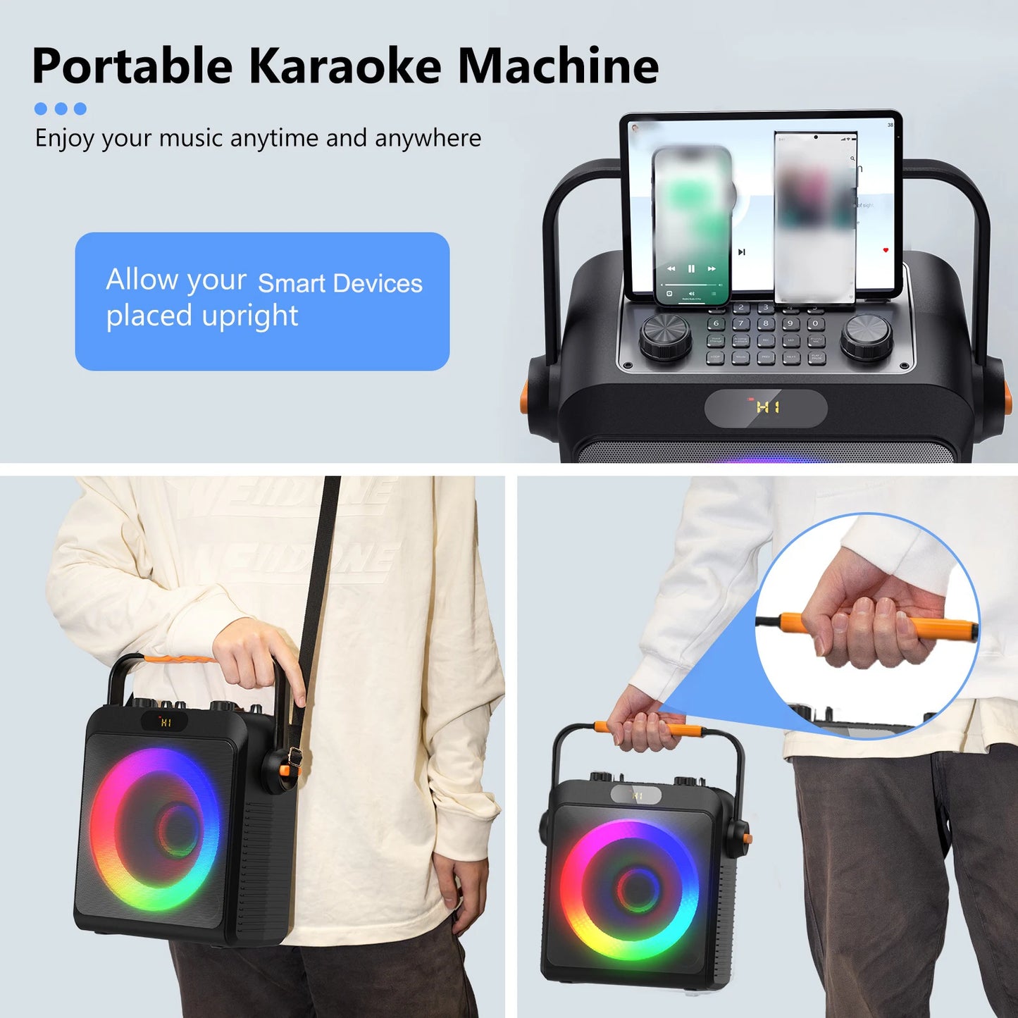 T19-T Karaoke machine with 2 wireless microphones, black Karaoke speakers with bass/treble adjustment