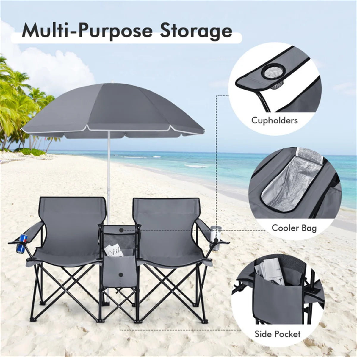 Double Portable Picnic Chairs , Folding Camping   Chairs W / Detachable Umbrella , Cooler Bag , Cup   Holders , Patio Beach Camp