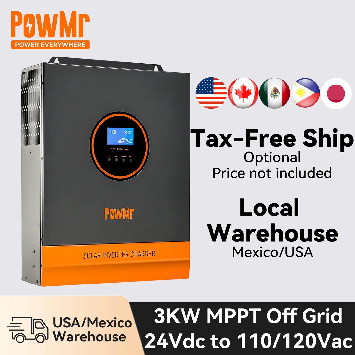 PowMr 24V 110V Solar Inverter Hybrid 3KW MPPT 80A 100A Off Grid Pure Sine Wave Inverter 110V 120V