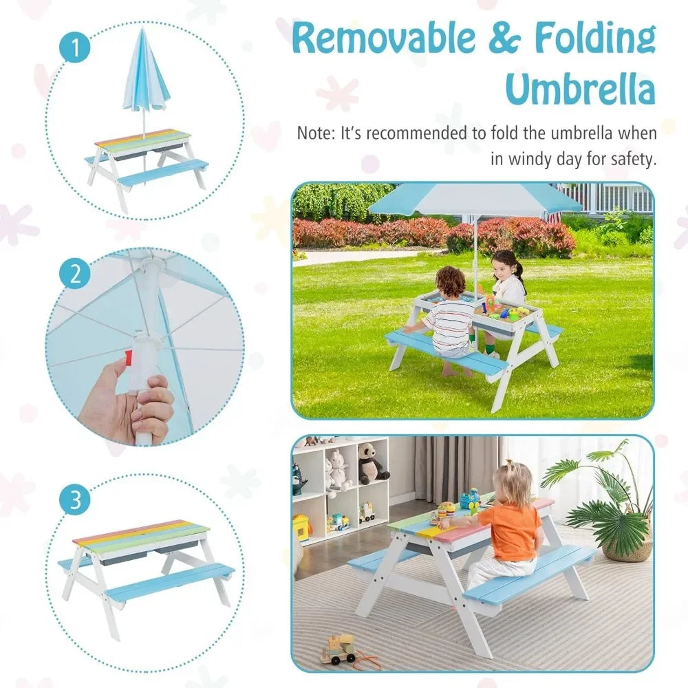 Kids Picnic Table,  Table w/ 2 Removable Box & Umbrella, Kids Picnic Tables for Outdoors Backyard Garden