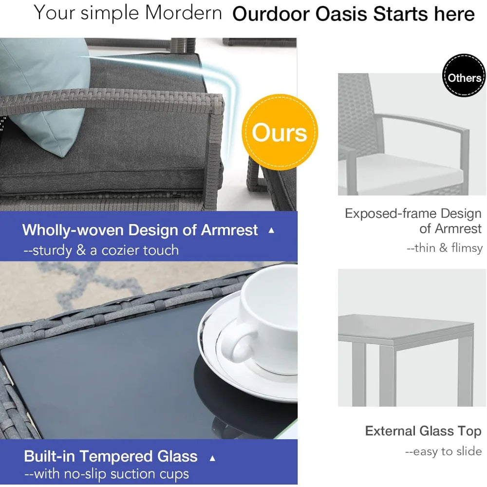 5 Piece Outdoor Patio Wicker Furniture Set, All Weather Grey PE Rattan Chair and Ottoman Footstool Set W/Coffee Table