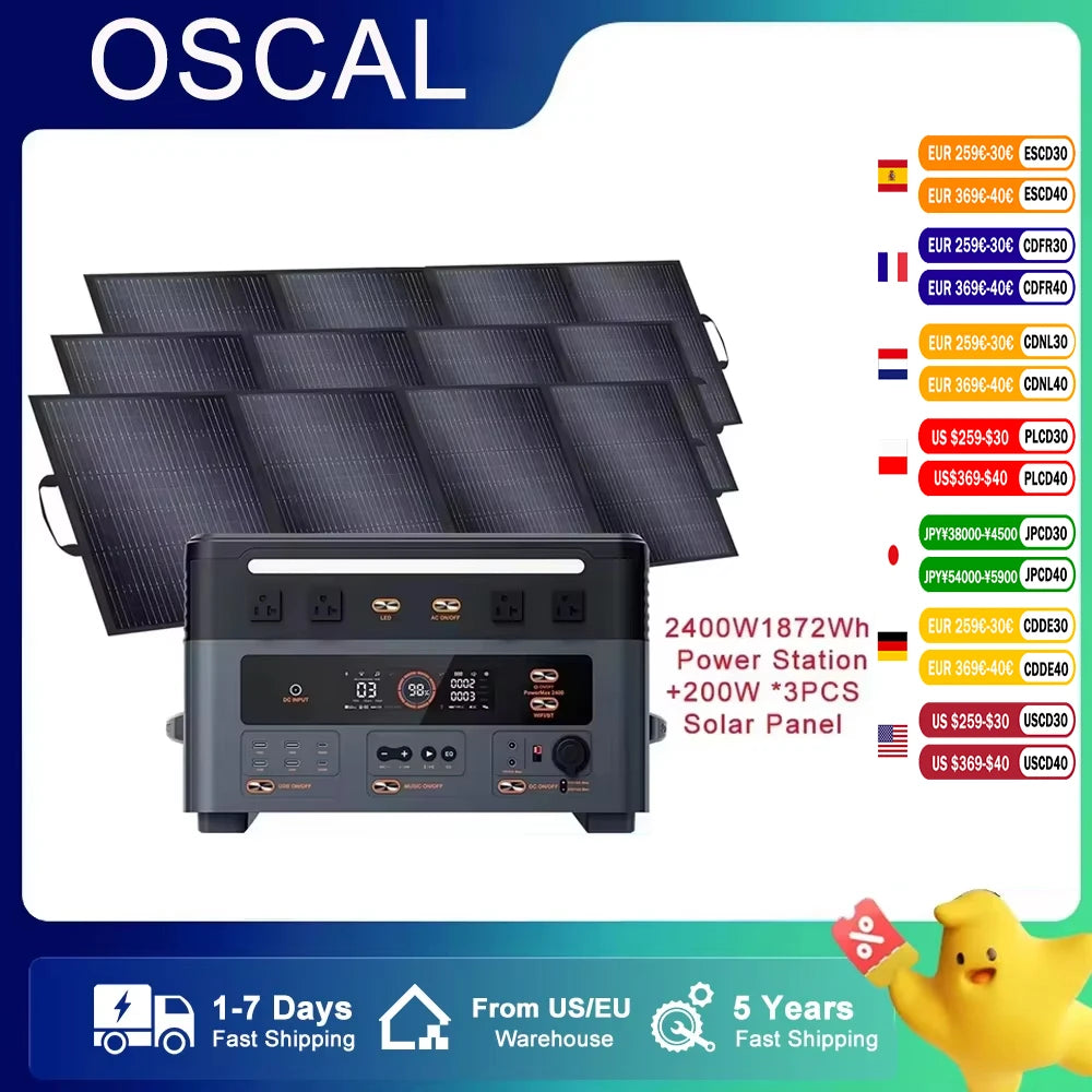 OSCAL 1872Wh Solar Generator 2400W（4800W Peak）with SolarPanel 3*200W(600W) LiFePO4 Portable Power Station with Solar Charger