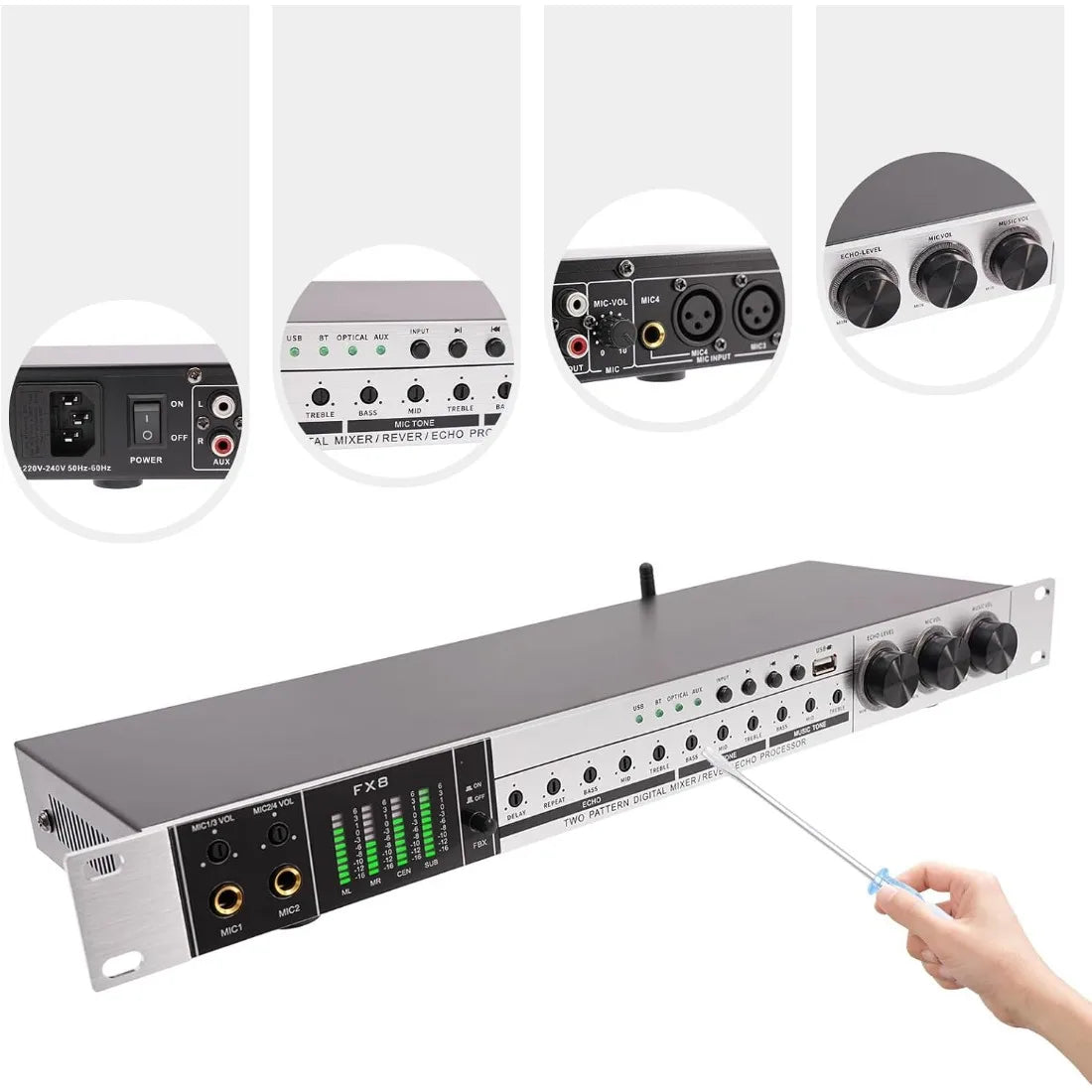 Professional 4-Mic Karaoke Mixer, Non-slip, Ati-howling, Bluetooth & USB & Optical Audio with Anti-Feedback & EQ Controls