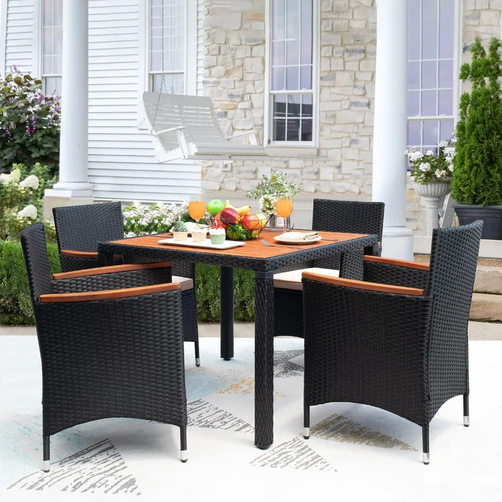 5 PCS Furniture, Patio Conversation Set with Acacia Wood Top,Rattan Outdoor Dining Table and Chairs for Backyard, Garden, Deck,