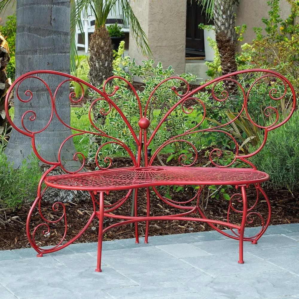Alpine Corporation 62" x 26" Outdoor 2 Person Metal Butterfly Shaped Garden Bench, Red