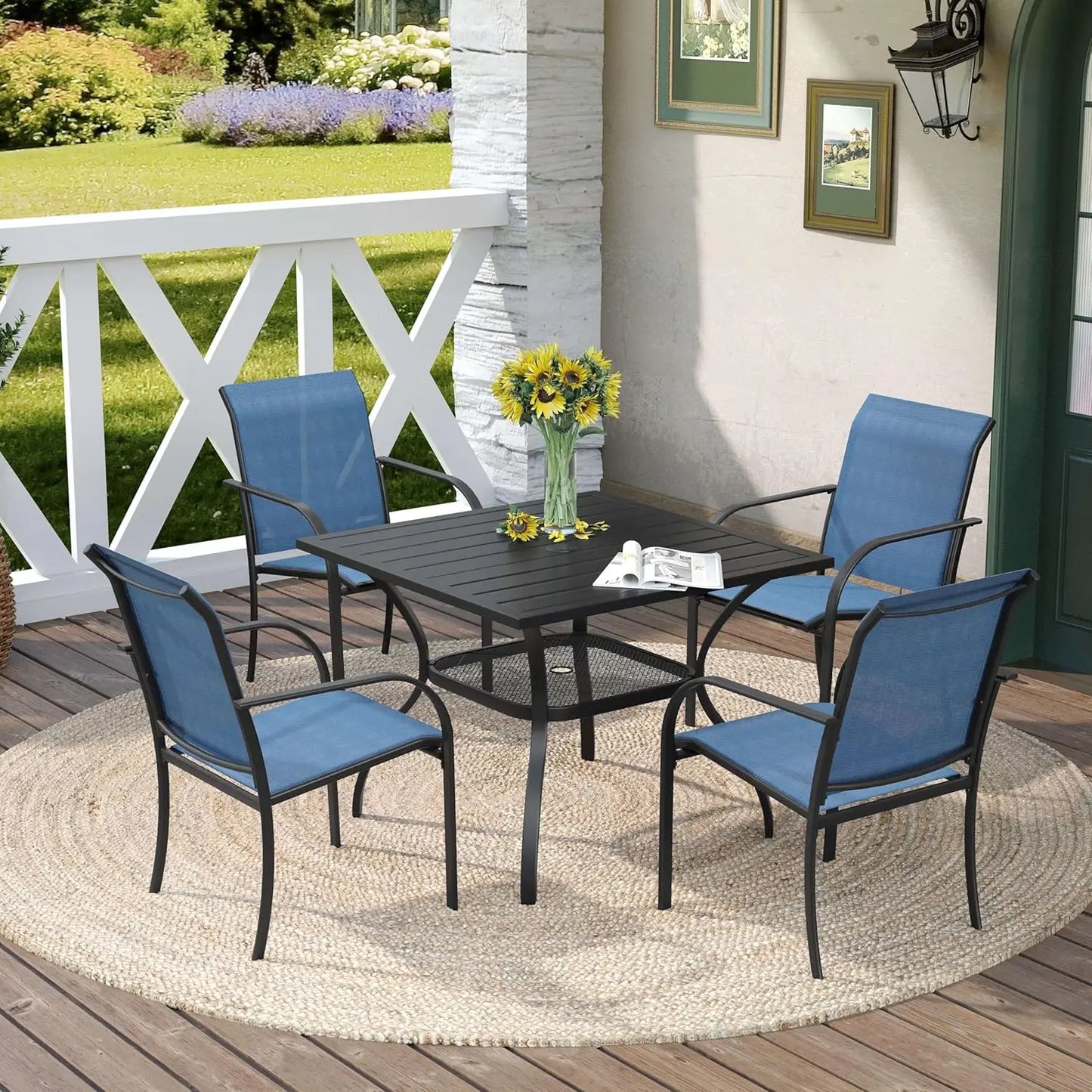 5 Pieces Outdoor Dining Table Chair Set, Patio Dining Set with 1 Black Square Curved Legs Table with and Umbrella Hole