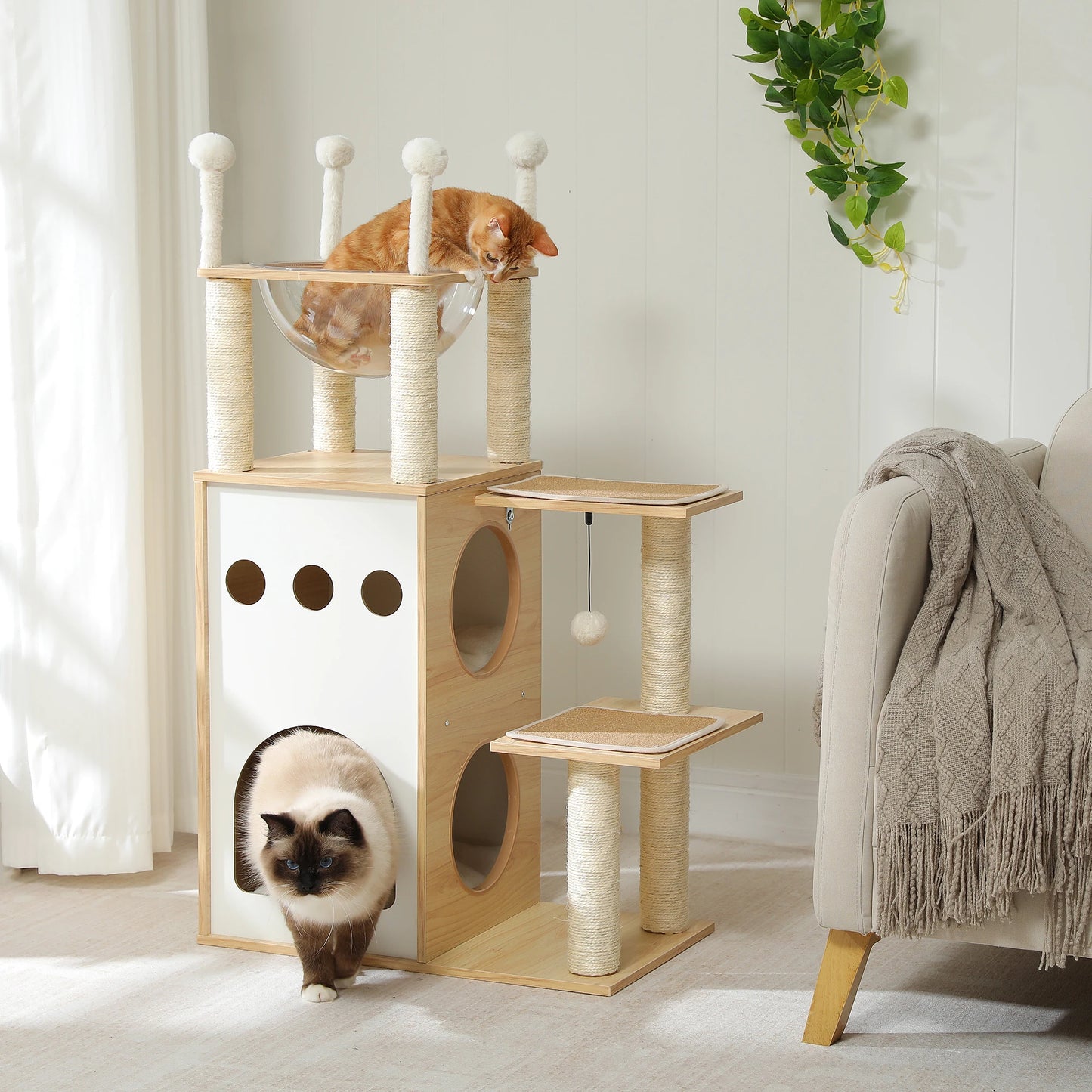 Modern Cat Tree Wooden Cat Tower with Scratching Posts Large Condo Capsule Nest and Dangling Balls