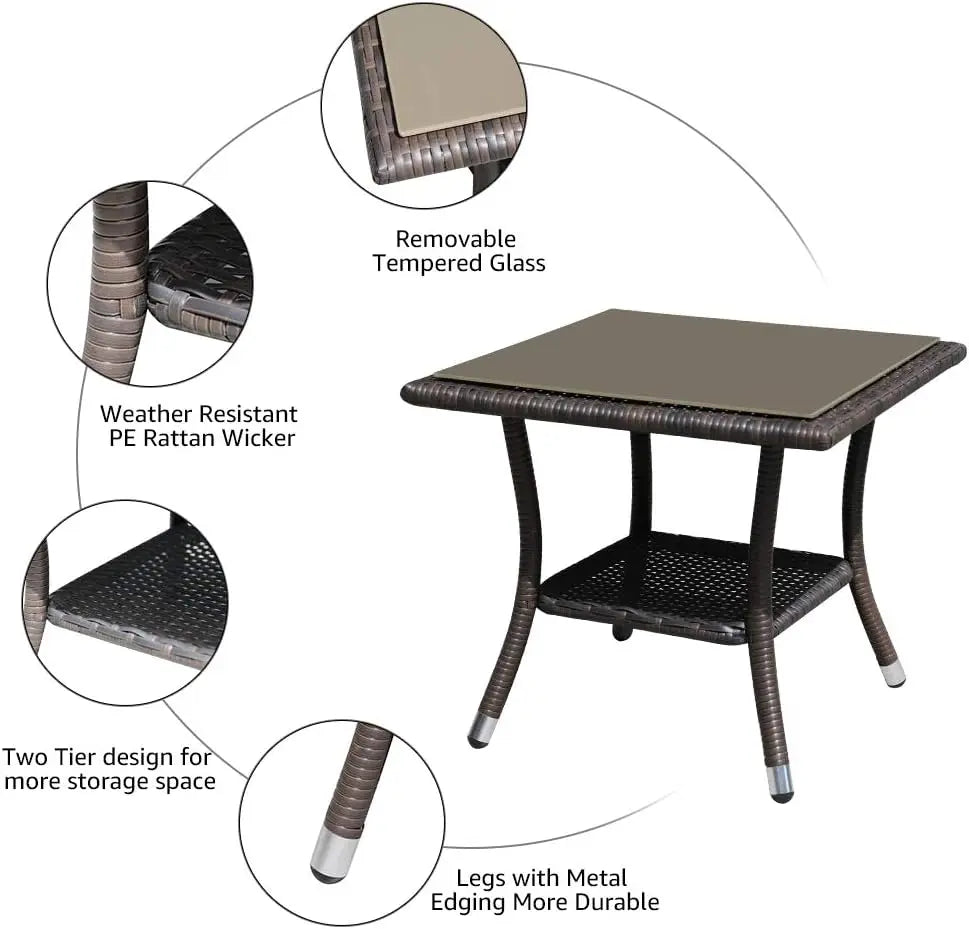 Outdoor Side Table, 20" Square Wicker End Table, Tempered Glass Top Coffee Table with Storage, Aluminum Frame-Brown