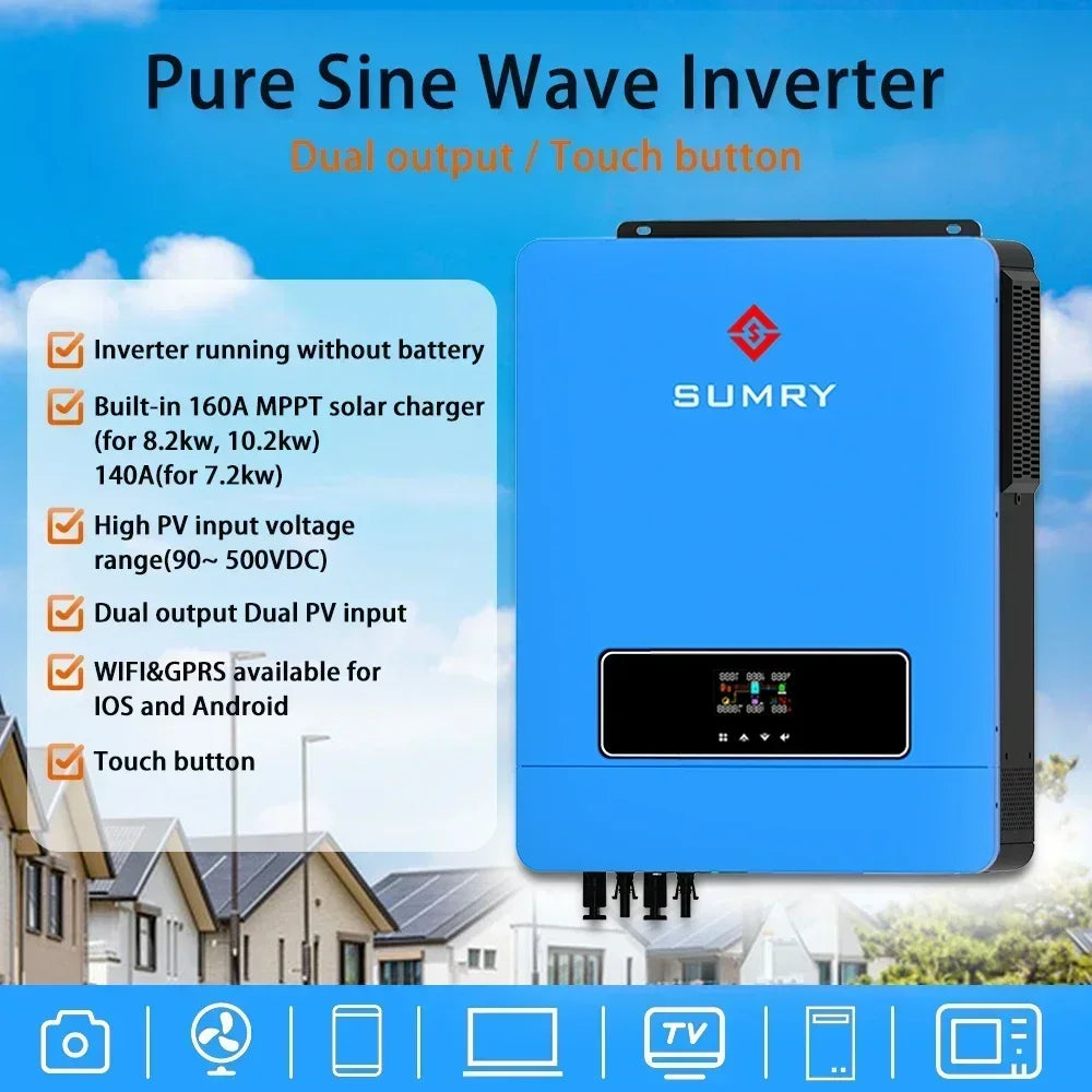 SUMRY on/Off Grid Solar Inverter 10.2kw 48VDC To 220VAC MPPT Solar Power AC Hybrid Inverter Generator Dual Output