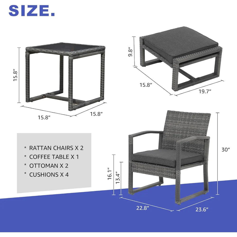 5 Piece Outdoor Patio Wicker Furniture Set, All Weather Grey PE Rattan Chair and Ottoman Footstool Set W/Coffee Table