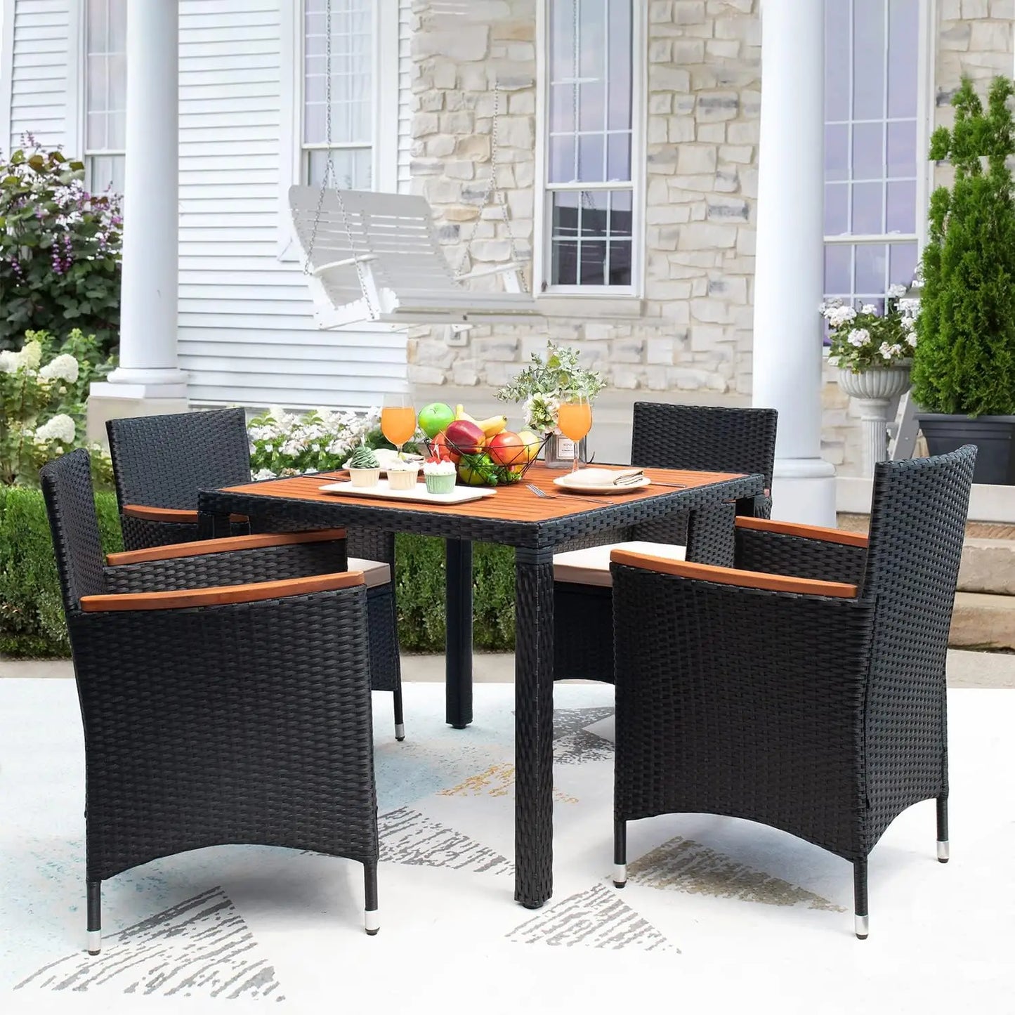 5 PCS Furniture, Patio Conversation Set with Acacia Wood Top,Rattan Outdoor Dining Table and Chairs for Backyard, Garden, Deck,