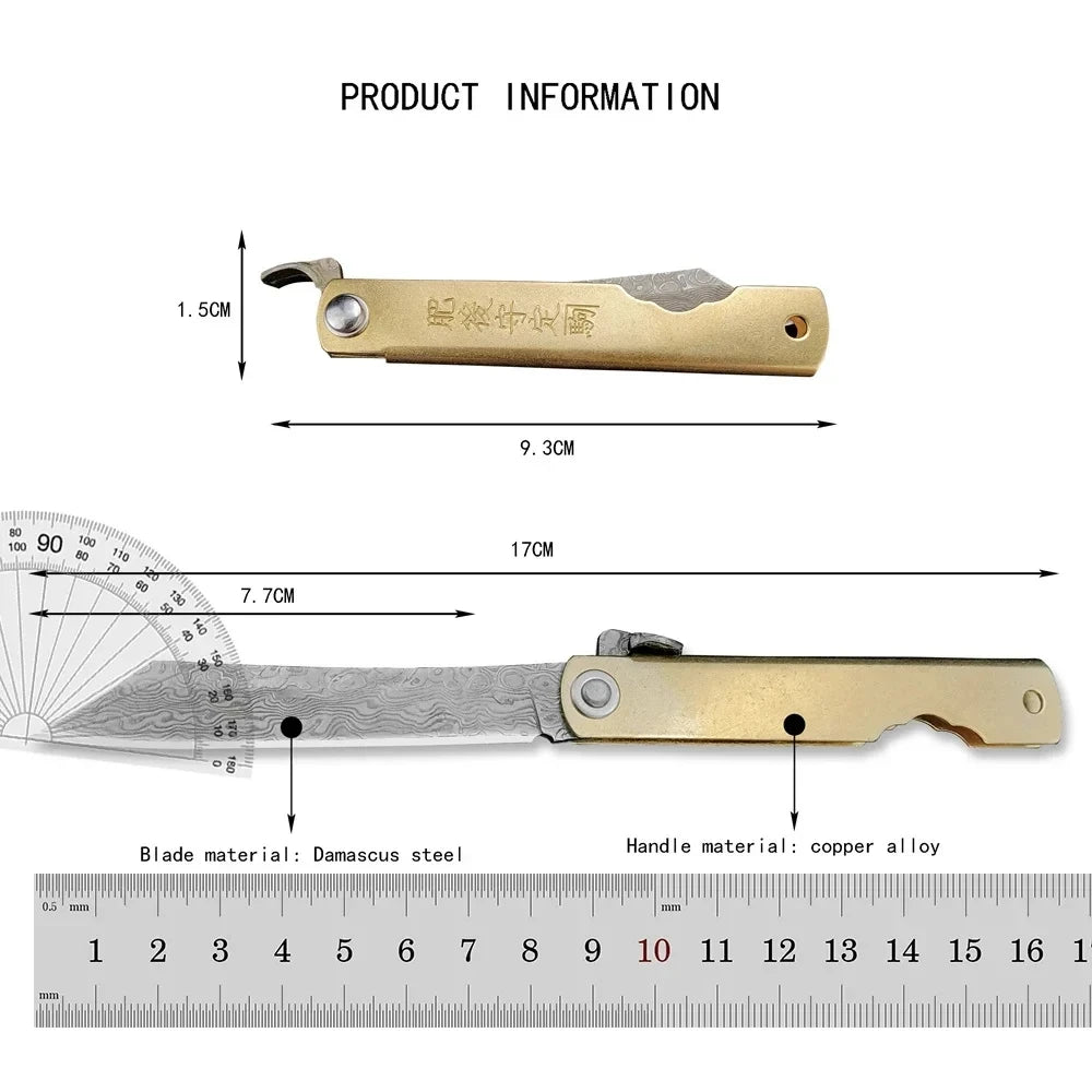 Pocket Folding Knife Damascus Steel Blade Copper Alloy Handle EDC Survival Portable Multi-tool Durable Camping Tools Knives