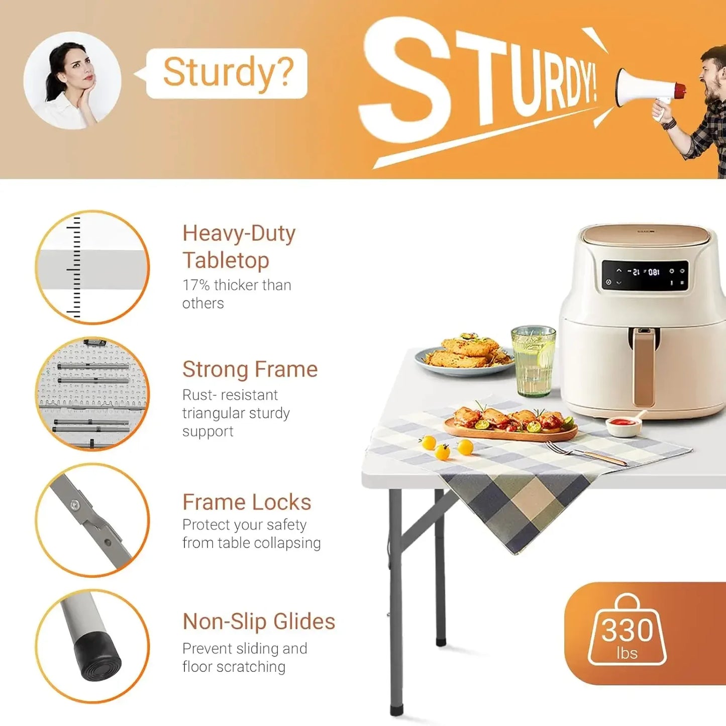 VINGLI Outdoor Dining Set 34 inch Folding Table with 4 Plastic Folding Chairs, Sturdy for Outdoor, Kitchen, White, 5 Pieces Set