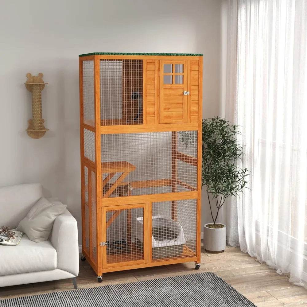 74" Wooden Catio Outdoor Cat House Weatherproof & Wheeled, Outside Cat Enclosure with High Weight Capacity, Kitten Cage Condo,