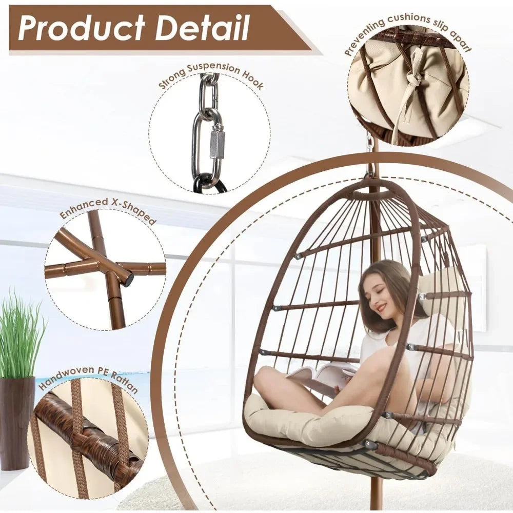 Swing Egg Chair Indoor Outdoor Patio Wicker Hanging Chair with Stand All Weather Egg Hammock Chairs with Cushions Swinging Chair
