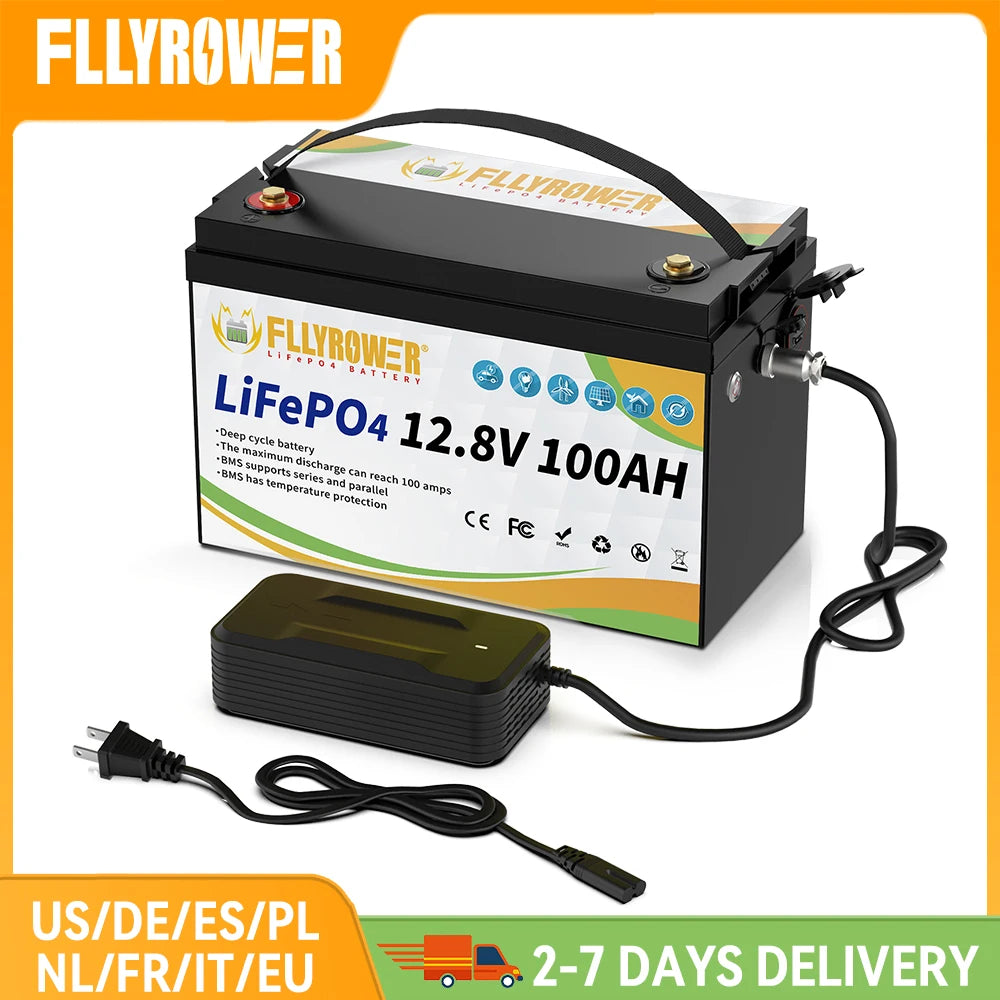 LiFePO4 Battery 12V 100Ah BMS100A Rechargeable Lithium Battery Pack For Inverter Solar Off-Road Off-grid Solar Energy Deep Cycle