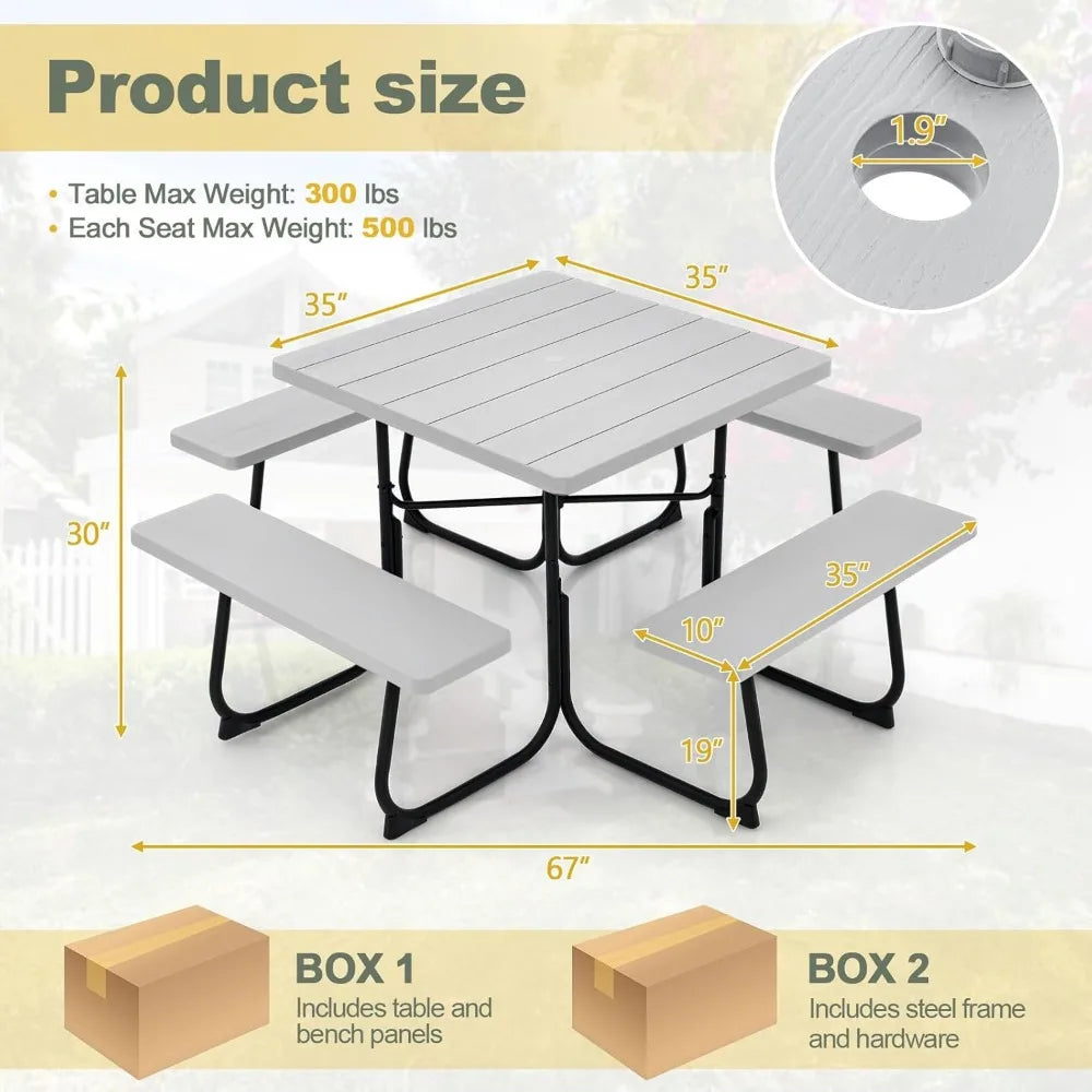8 Person Picnic Table, Outdoor Square Picnic Table with 4 Built-in Benches, Umbrella Hole, Metal Frame & HDPE Tabletop, Outside