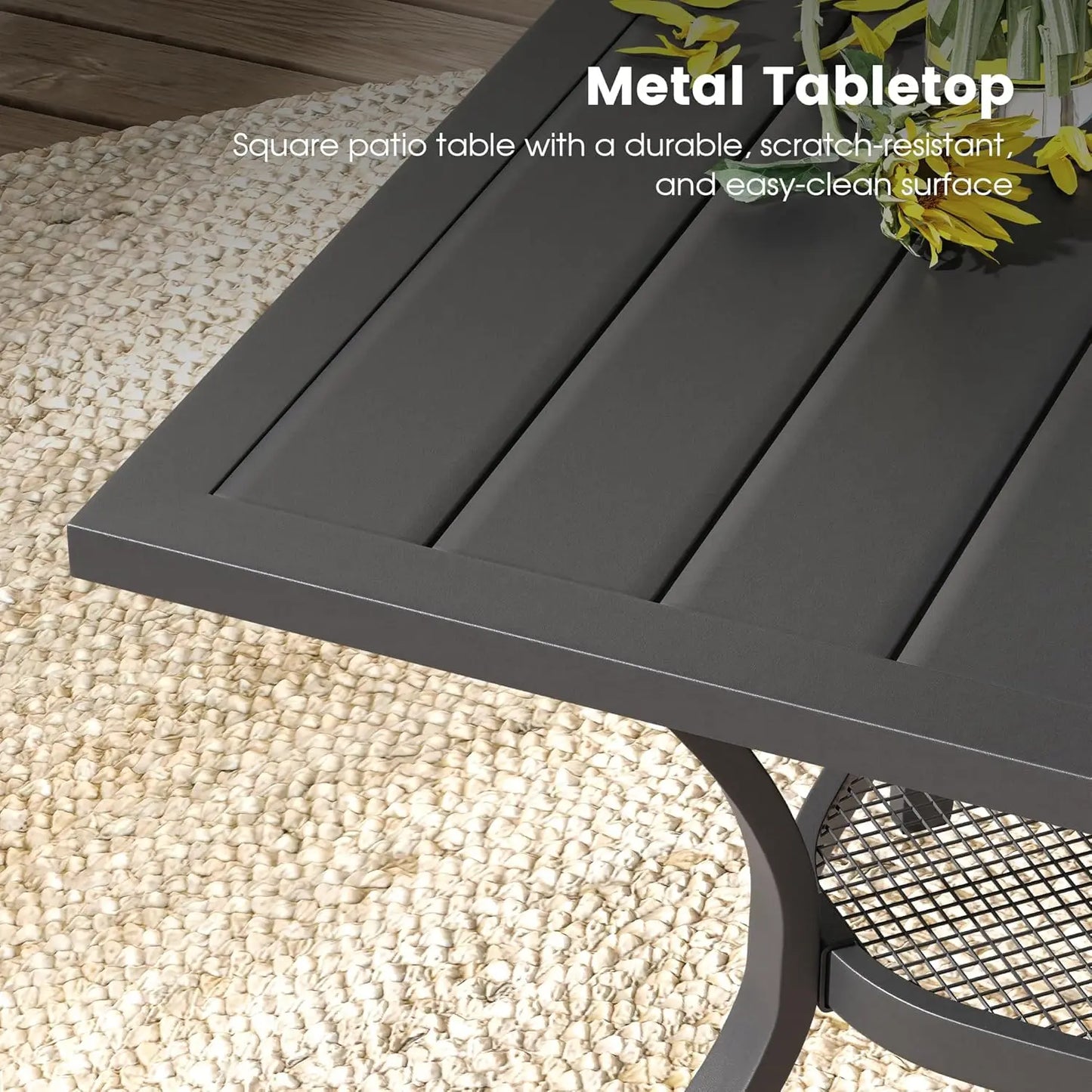 5 Pieces Outdoor Dining Table Chair Set, Patio Dining Set with 1 Black Square Curved Legs Table with and Umbrella Hole