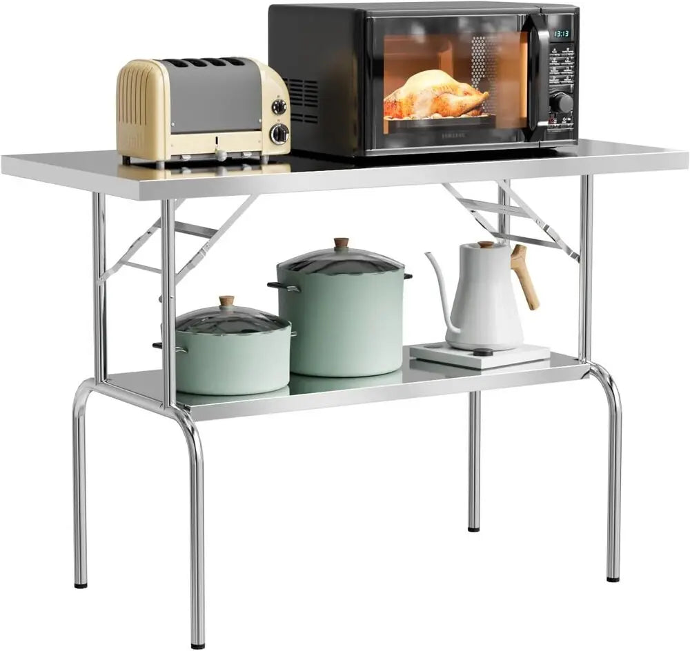 48" x 24" Camping Stainless Steel Folding Work Table With Undershelf Portable
