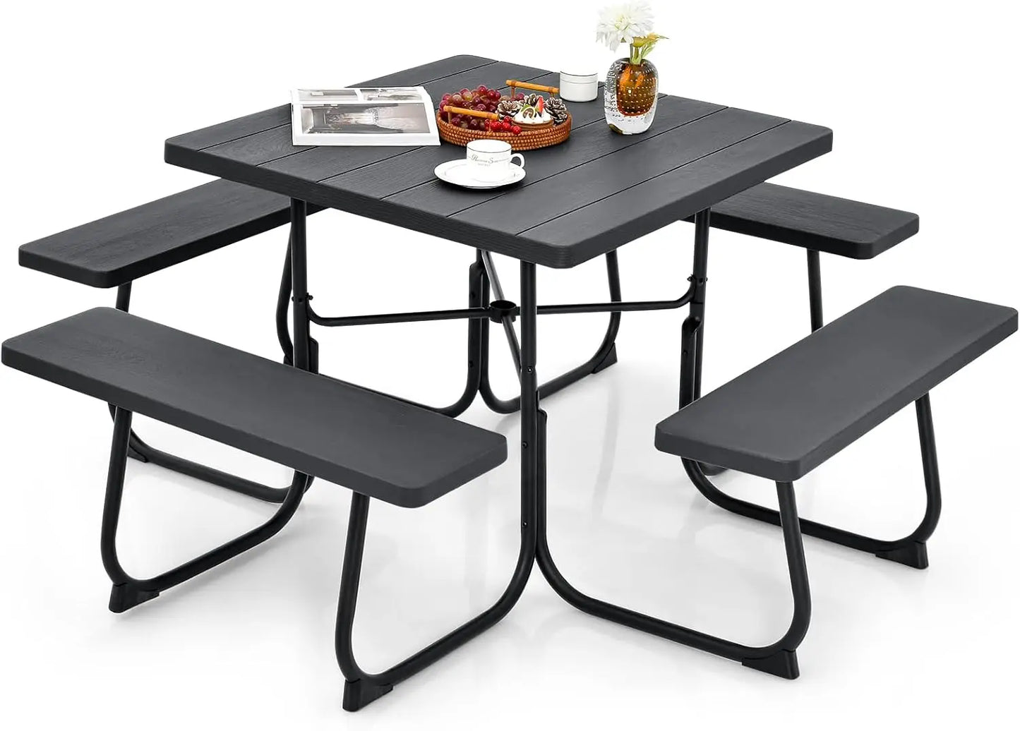 8 Person Picnic Table, Outdoor Square Picnic Table with 4 Built-in Benches, Umbrella Hole, Metal Frame & HDPE Tabletop, Outside