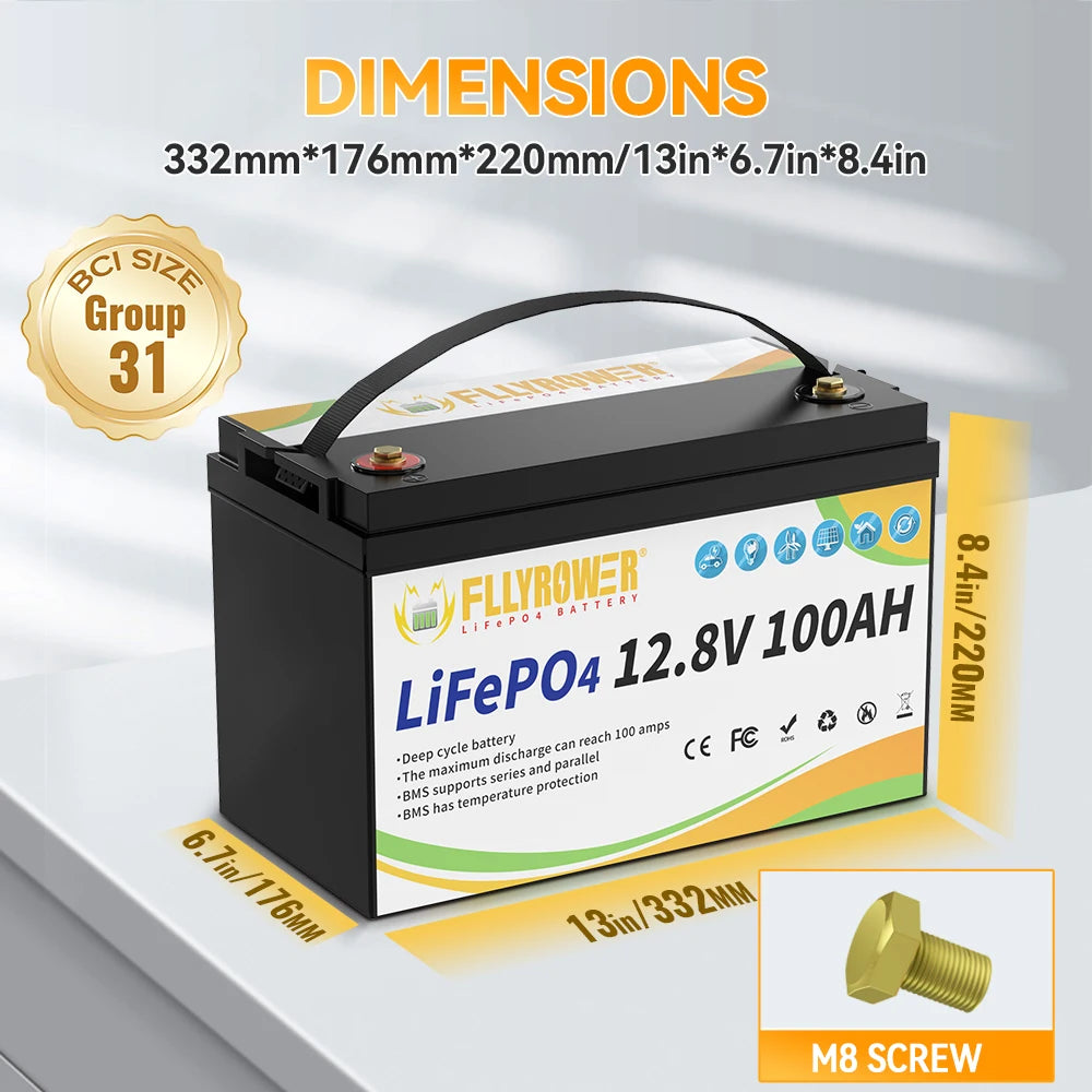 LiFePO4 Battery 12V 100Ah BMS100A Rechargeable Lithium Battery Pack For Inverter Solar Off-Road Off-grid Solar Energy Deep Cycle