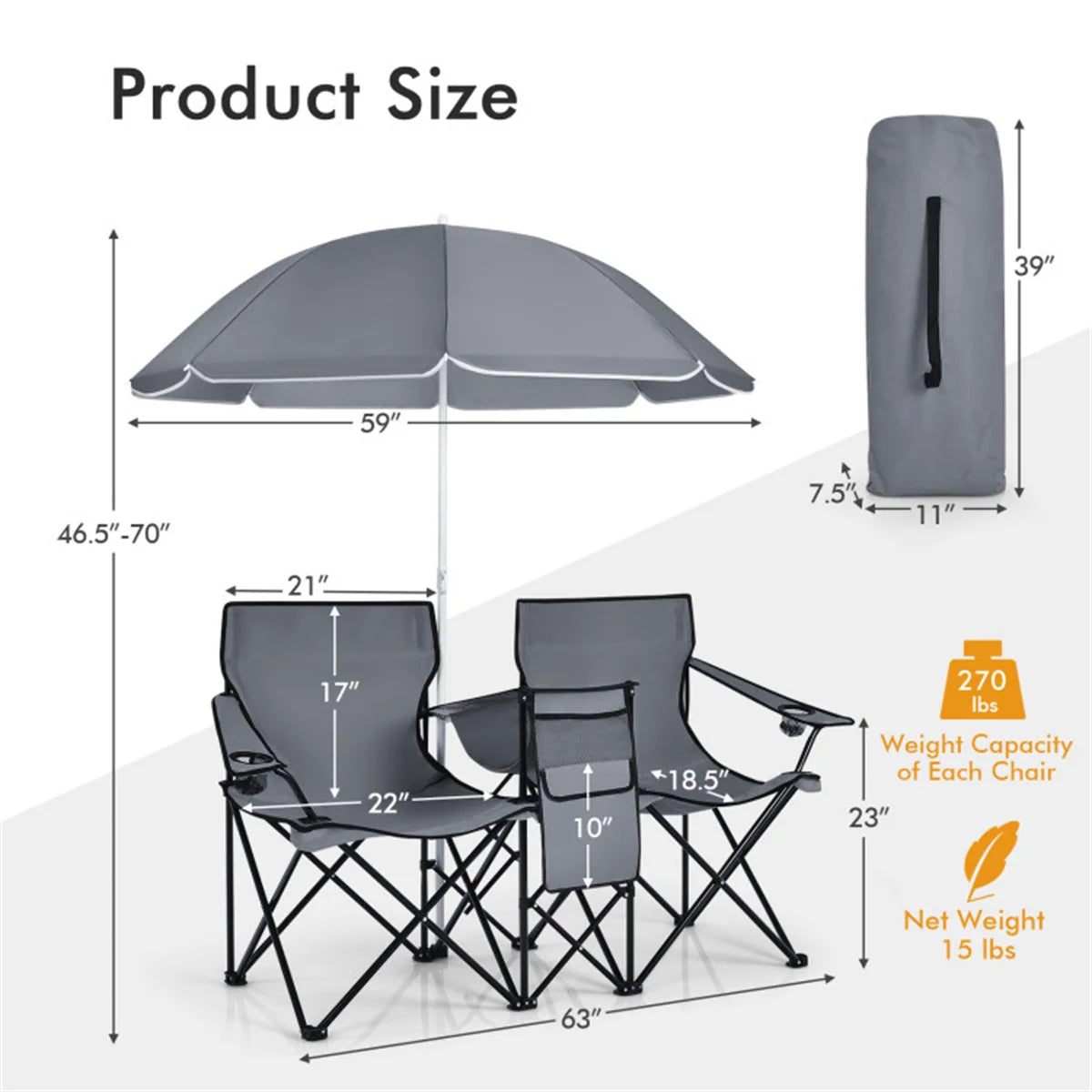 Double Portable Picnic Chairs , Folding Camping   Chairs W / Detachable Umbrella , Cooler Bag , Cup   Holders , Patio Beach Camp