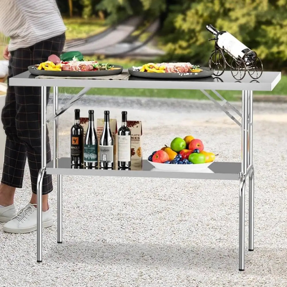 48" x 24" Camping Stainless Steel Folding Work Table With Undershelf Portable