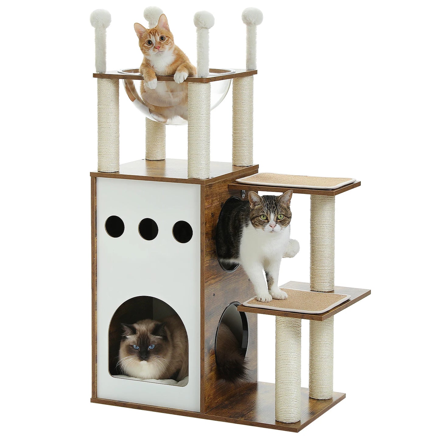 Modern Cat Tree Wooden Cat Tower with Scratching Posts Large Condo Capsule Nest and Dangling Balls