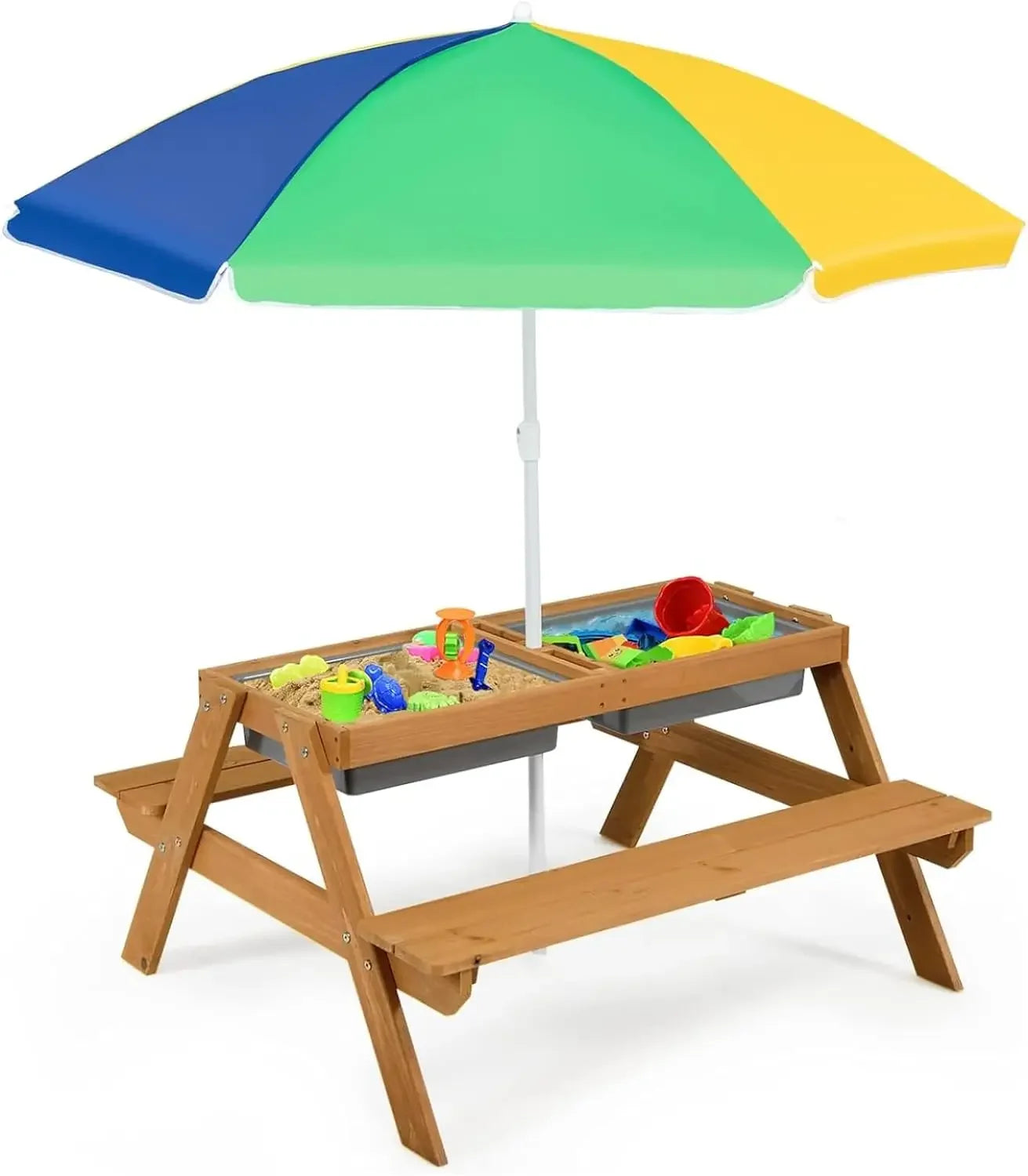 Kids Picnic Table,  Table w/ 2 Removable Box & Umbrella, Kids Picnic Tables for Outdoors Backyard Garden