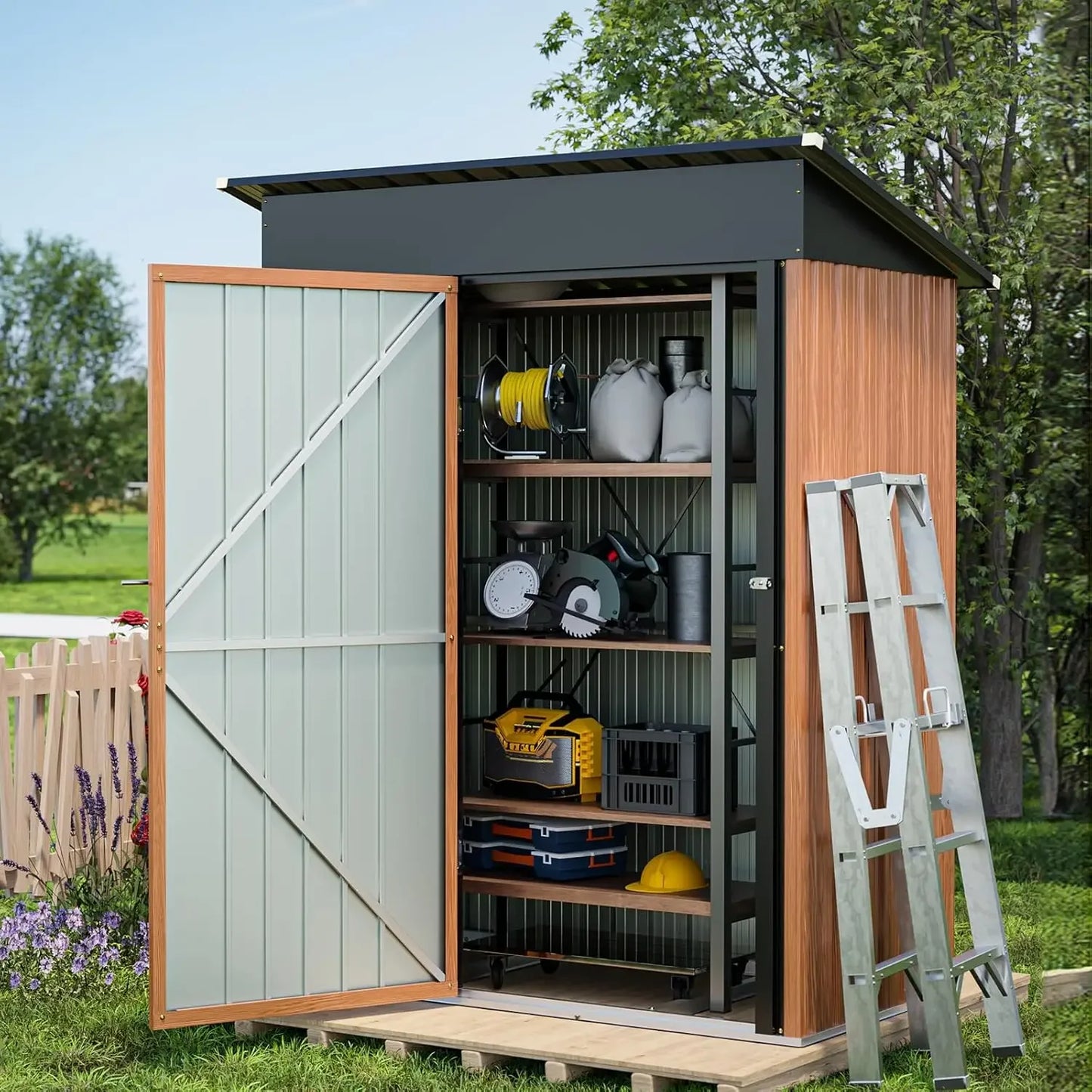 6x4 Ft, Lockable Metal Garden Shed with Window, Tool Shed Tiny House Vertical Outside Storage Building for Backyard, Lawn, Patio