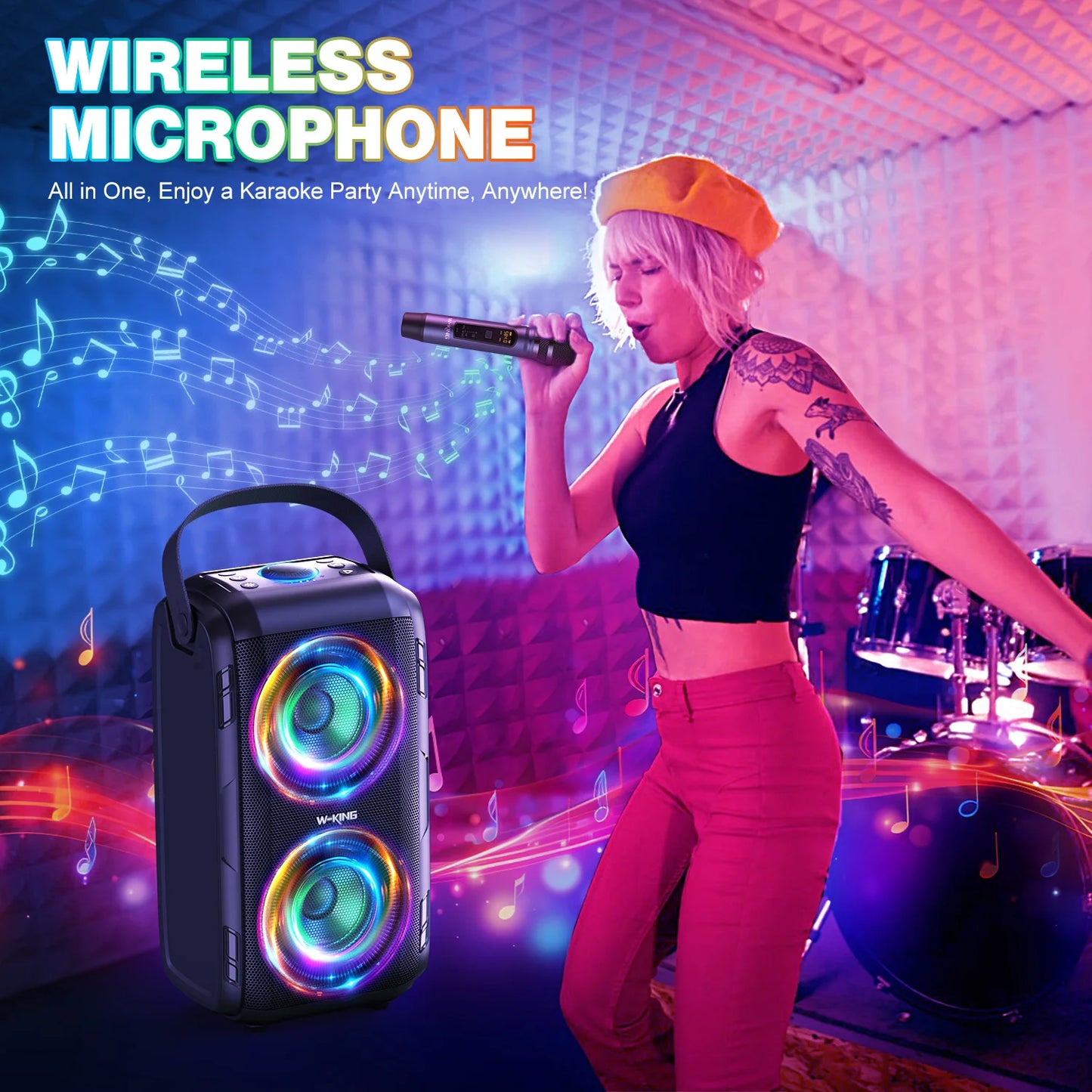 W-KING 80W Bluetooth Speaker with Wireless Microphone, Portable Loud Party Bluetooth Speaker-2 Full Range Drivers/Deep Bass
