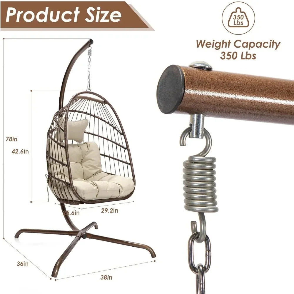Swing Egg Chair Indoor Outdoor Patio Wicker Hanging Chair with Stand All Weather Egg Hammock Chairs with Cushions Swinging Chair