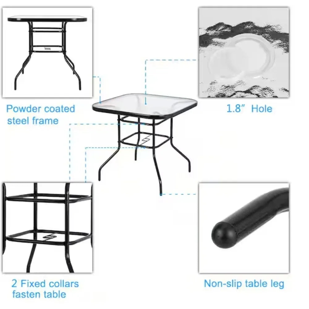 Outdoor Dining Table with 1.8” Umbrella Hole,Coffee Table with Toughened Glass Top, Patio Glass Side Table for Backyard