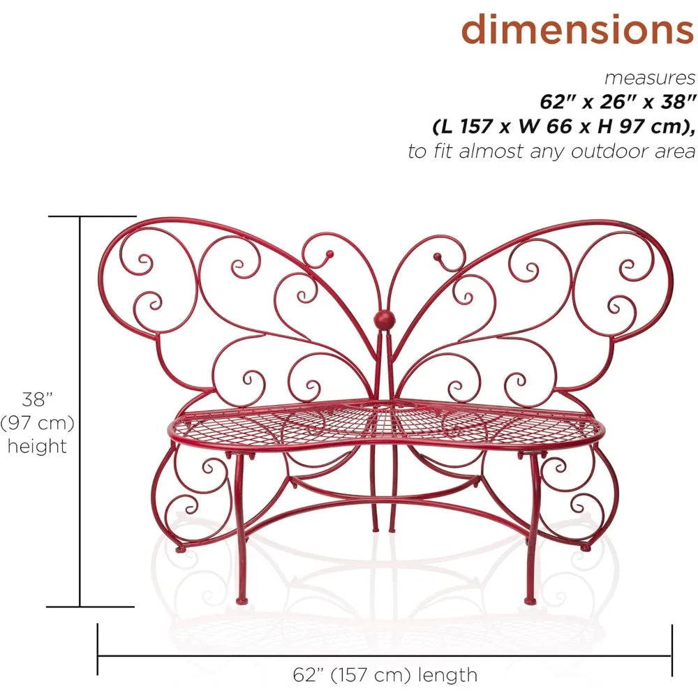 Alpine Corporation 62" x 26" Outdoor 2 Person Metal Butterfly Shaped Garden Bench, Red