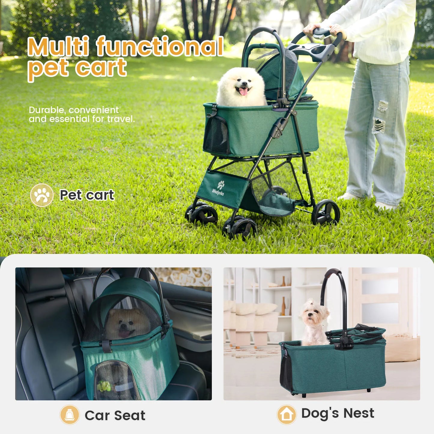 Wedyvko Portable Cart for Small Dogs One-Click Folding Clip Stroller with Basket