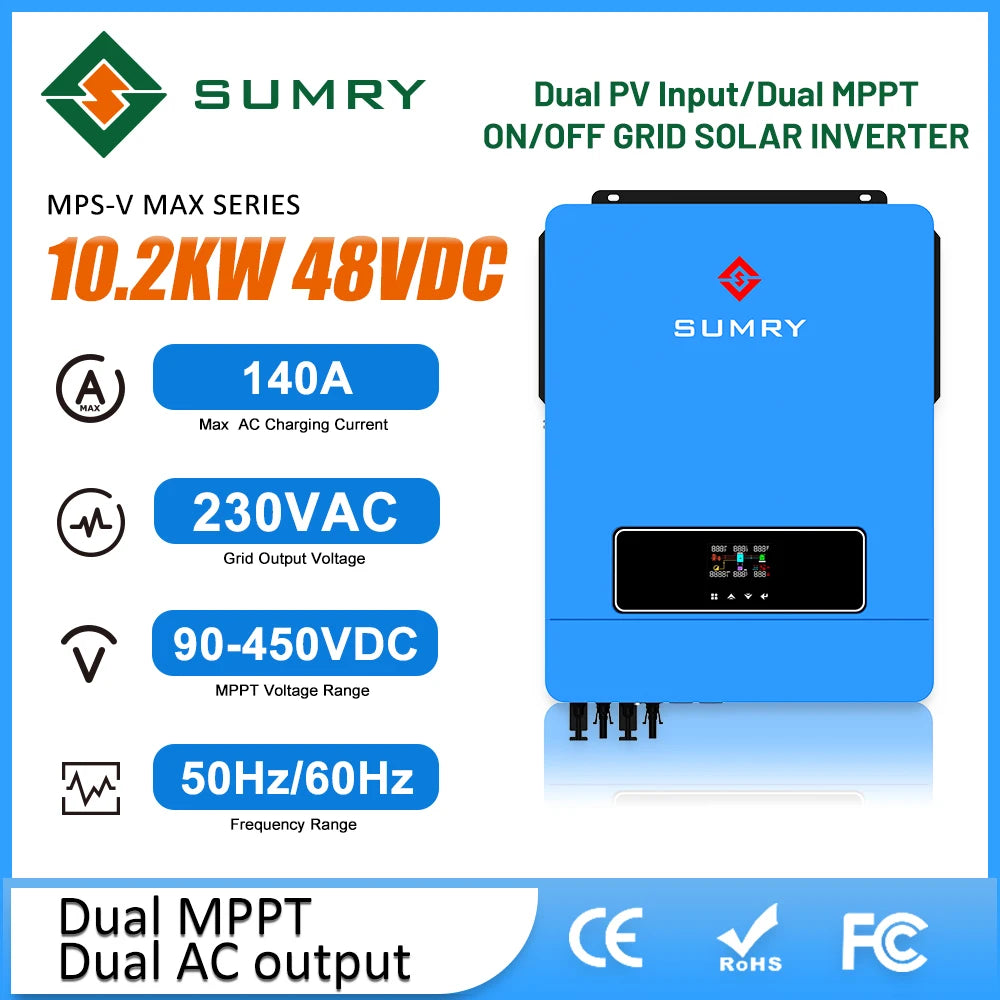 SUMRY on/Off Grid Solar Inverter 10.2kw 48VDC To 220VAC MPPT Solar Power AC Hybrid Inverter Generator Dual Output