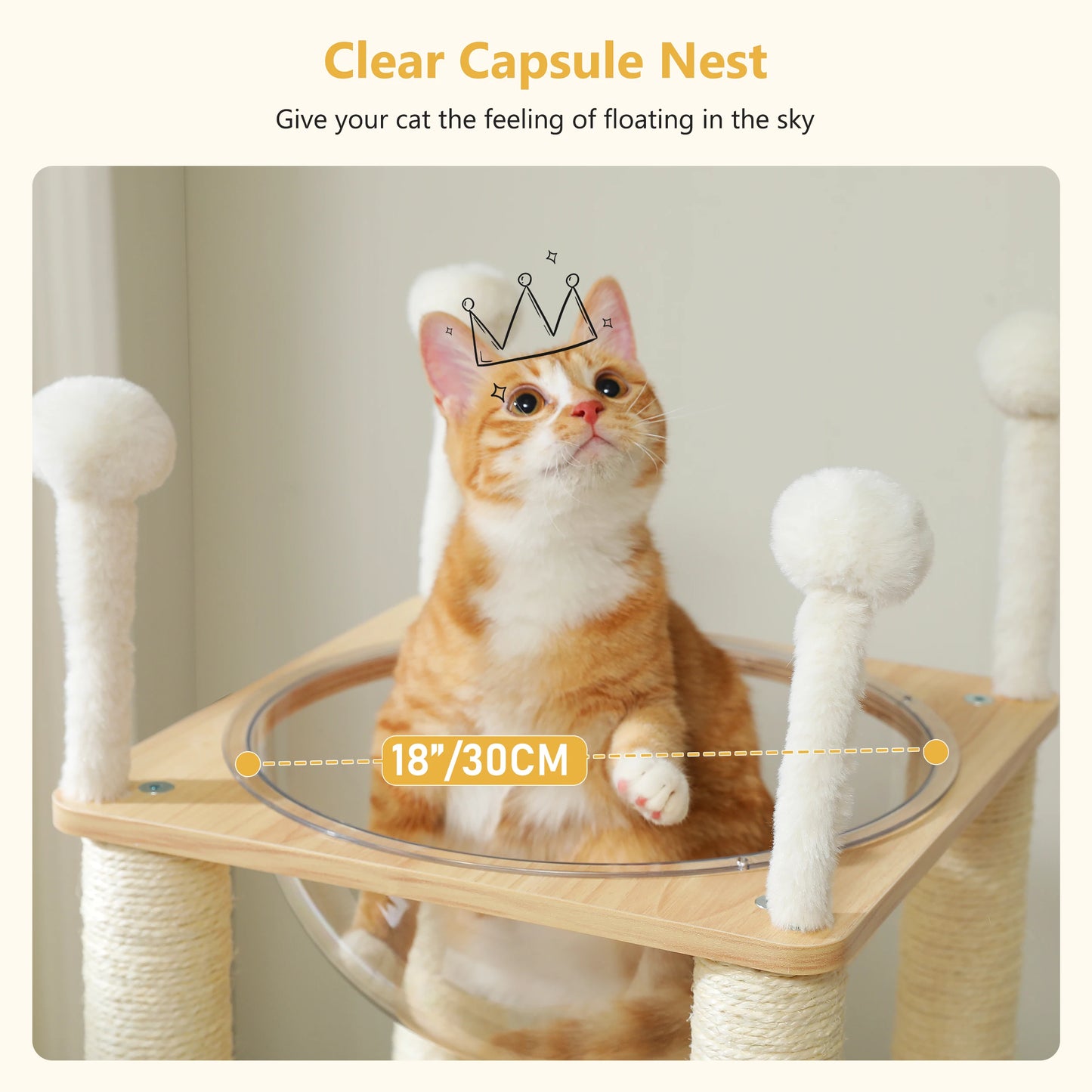 Modern Cat Tree Wooden Cat Tower with Scratching Posts Large Condo Capsule Nest and Dangling Balls