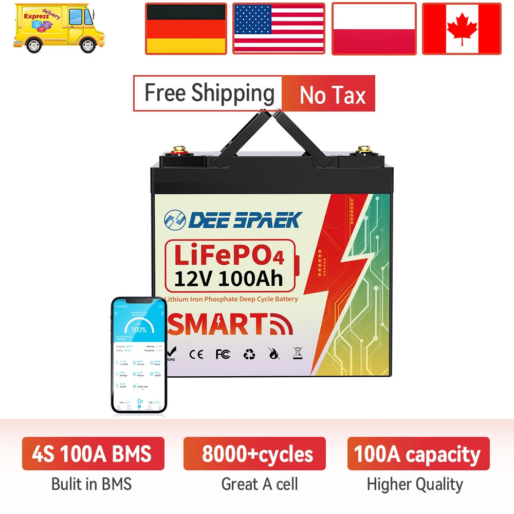 12V 100AH LiFePO4 Battery Pack BMS 100A For Solar Boat RV Camping Solar Trolling Motor Bluetooth Lithium Iron Phosphate Batteria