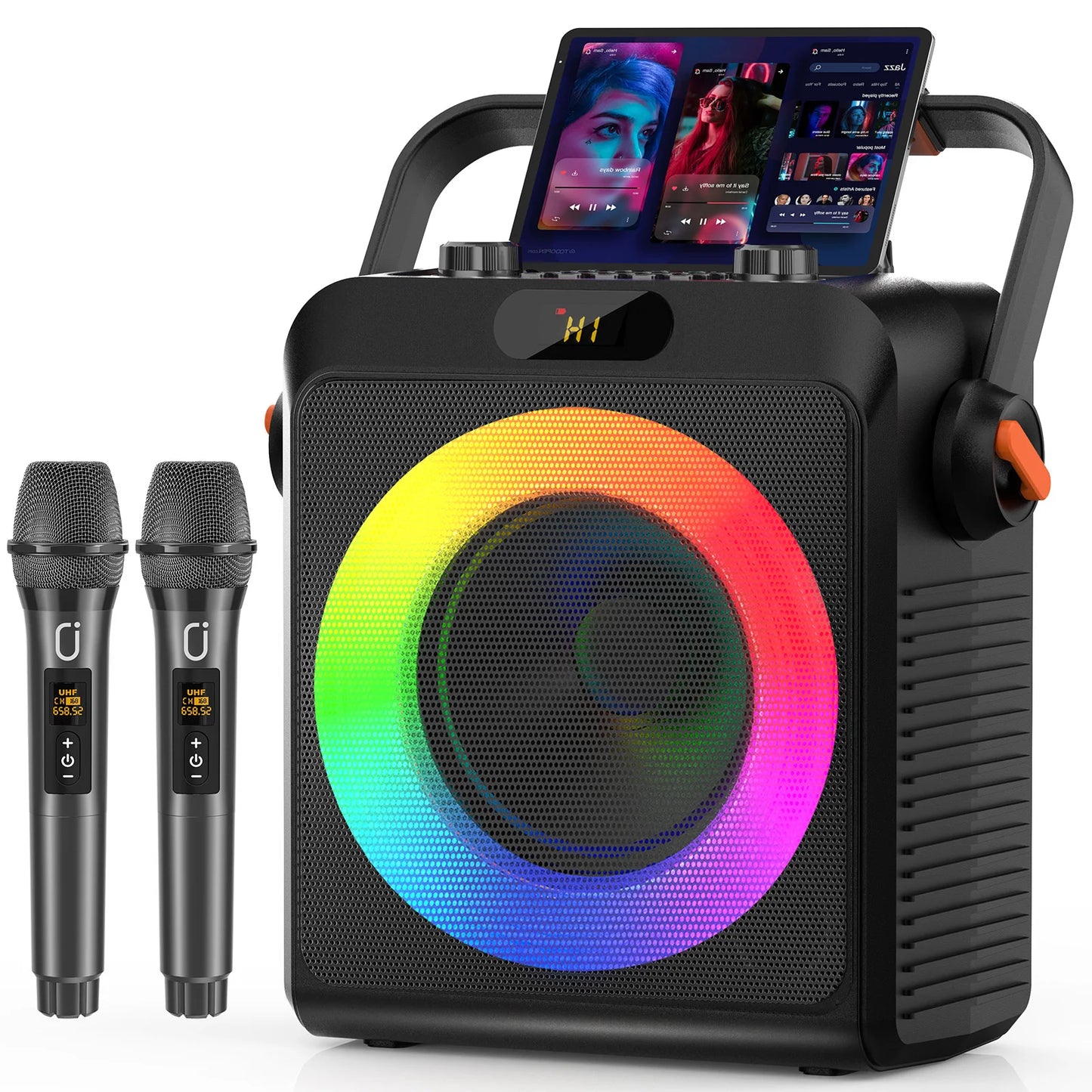T19-T Karaoke machine with 2 wireless microphones, black Karaoke speakers with bass/treble adjustment