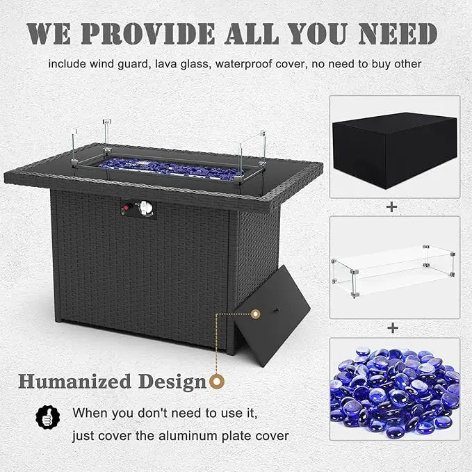 8 Pieces Patio Furniture Set with 44" Propane Gas Fire Pit Table, Outdoor Sectional Wicker Conversation Sofa Sets with Coffee Ta