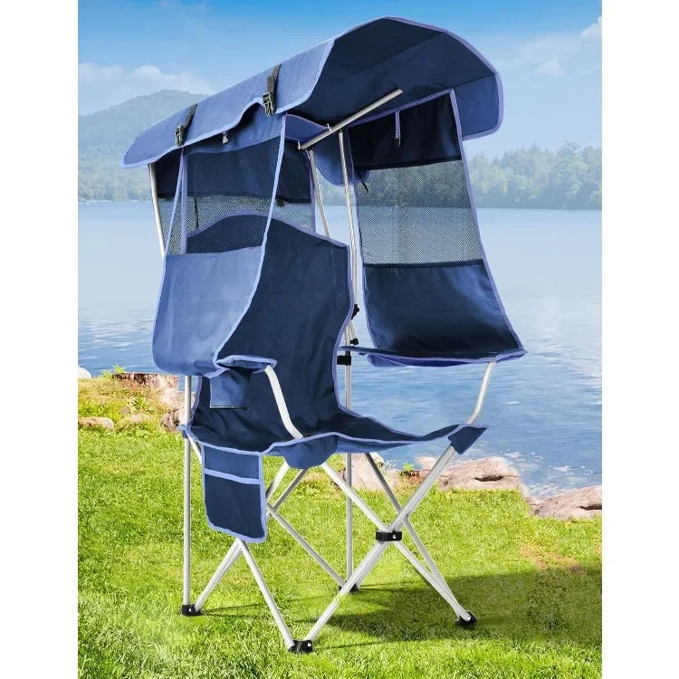 Popular Beach Chair with Canopy Shade, Folding Camping Chair with Canopy with Cup Holder, Side Pocket for Camp, Beach, Tailgates
