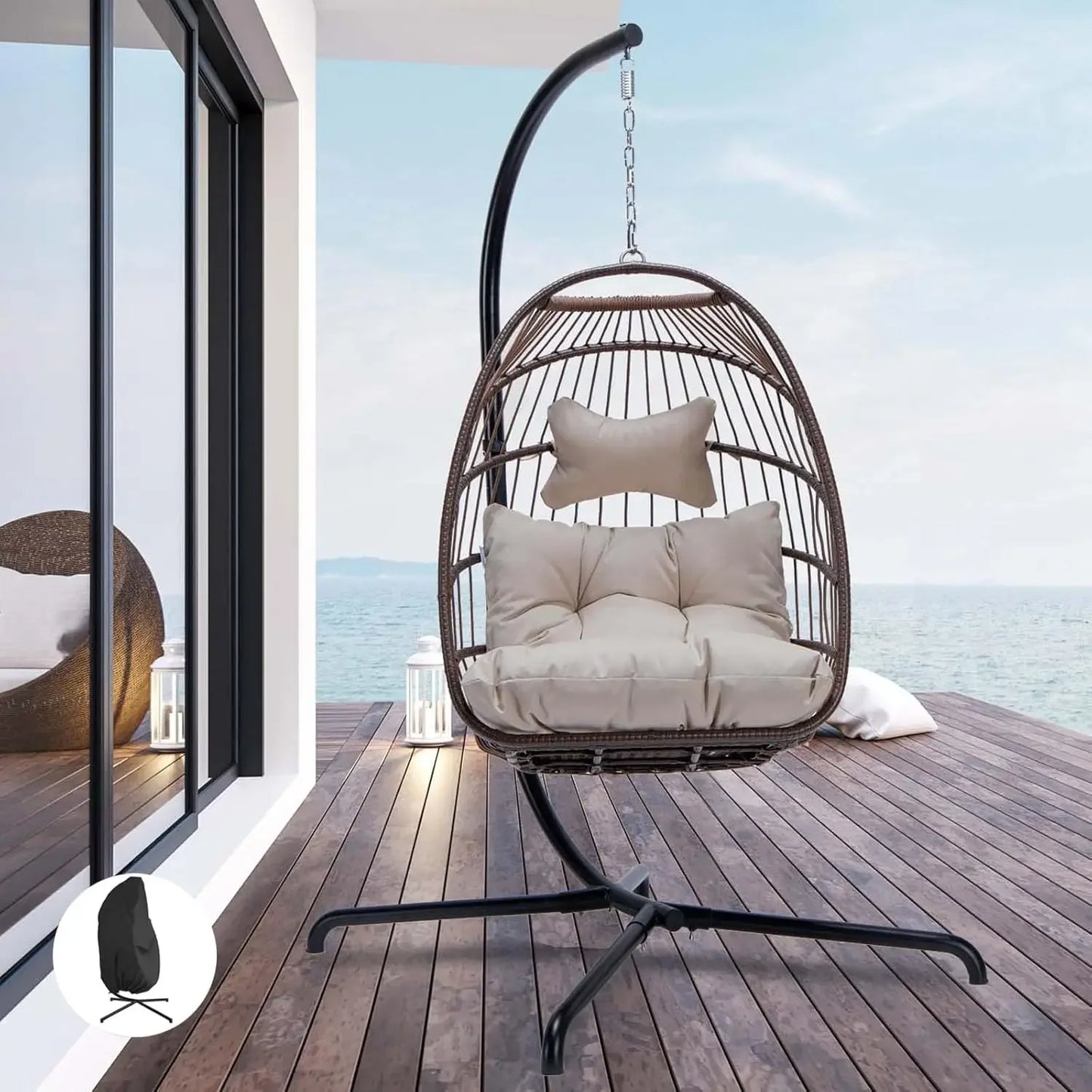 Swing Egg Chair Indoor Outdoor Patio Wicker Hanging Chair with Stand All Weather Egg Hammock Chairs with Cushions Swinging Chair