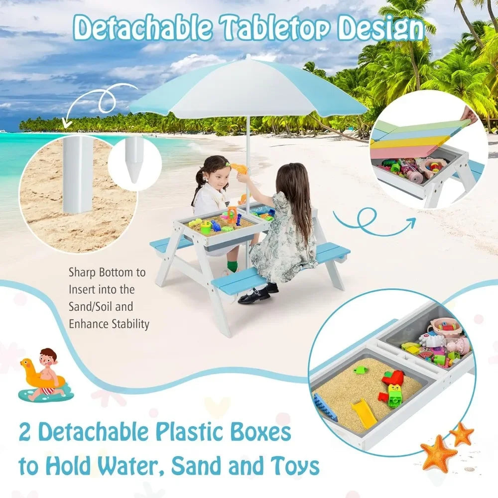 Kids Picnic Table,  Table w/ 2 Removable Box & Umbrella, Kids Picnic Tables for Outdoors Backyard Garden