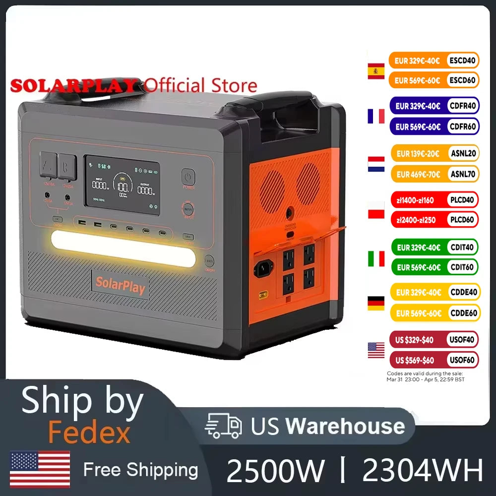 SOLARPLAY Portable Power Station 2500W/2300Wh Solar Generator with 4 AC Outlets (4800W Peak) Large Capacity Emergency Power