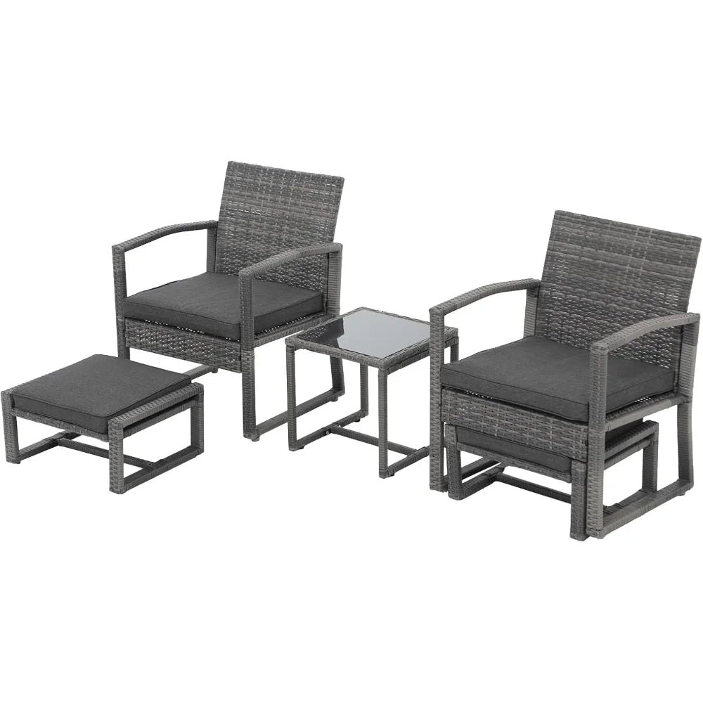 5 Piece Outdoor Patio Wicker Furniture Set, All Weather Grey PE Rattan Chair and Ottoman Footstool Set W/Coffee Table