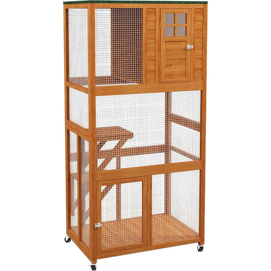 74" Wooden Catio Outdoor Cat House Weatherproof & Wheeled, Outside Cat Enclosure with High Weight Capacity, Kitten Cage Condo,