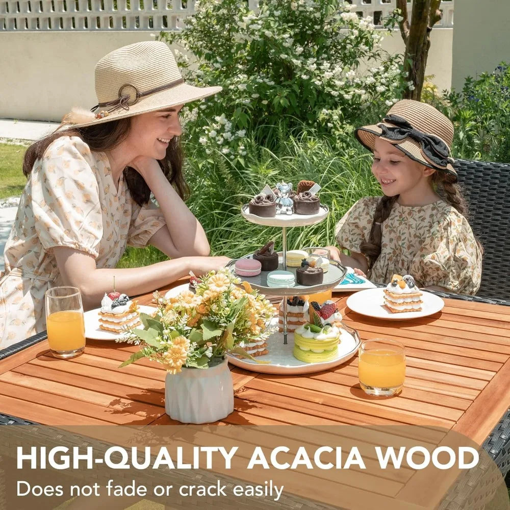 5 PCS Furniture, Patio Conversation Set with Acacia Wood Top,Rattan Outdoor Dining Table and Chairs for Backyard, Garden, Deck,