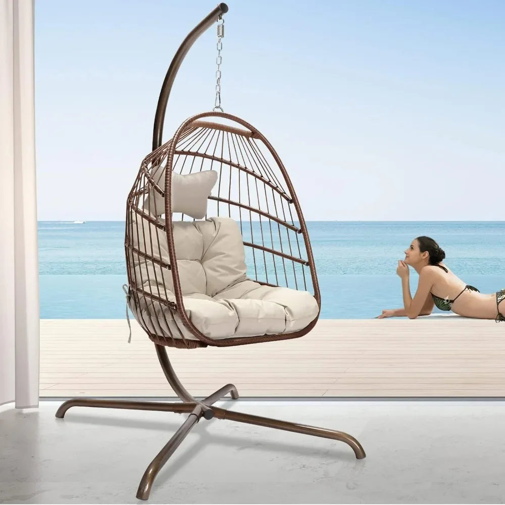 Swing Egg Chair Indoor Outdoor Patio Wicker Hanging Chair with Stand All Weather Egg Hammock Chairs with Cushions Swinging Chair