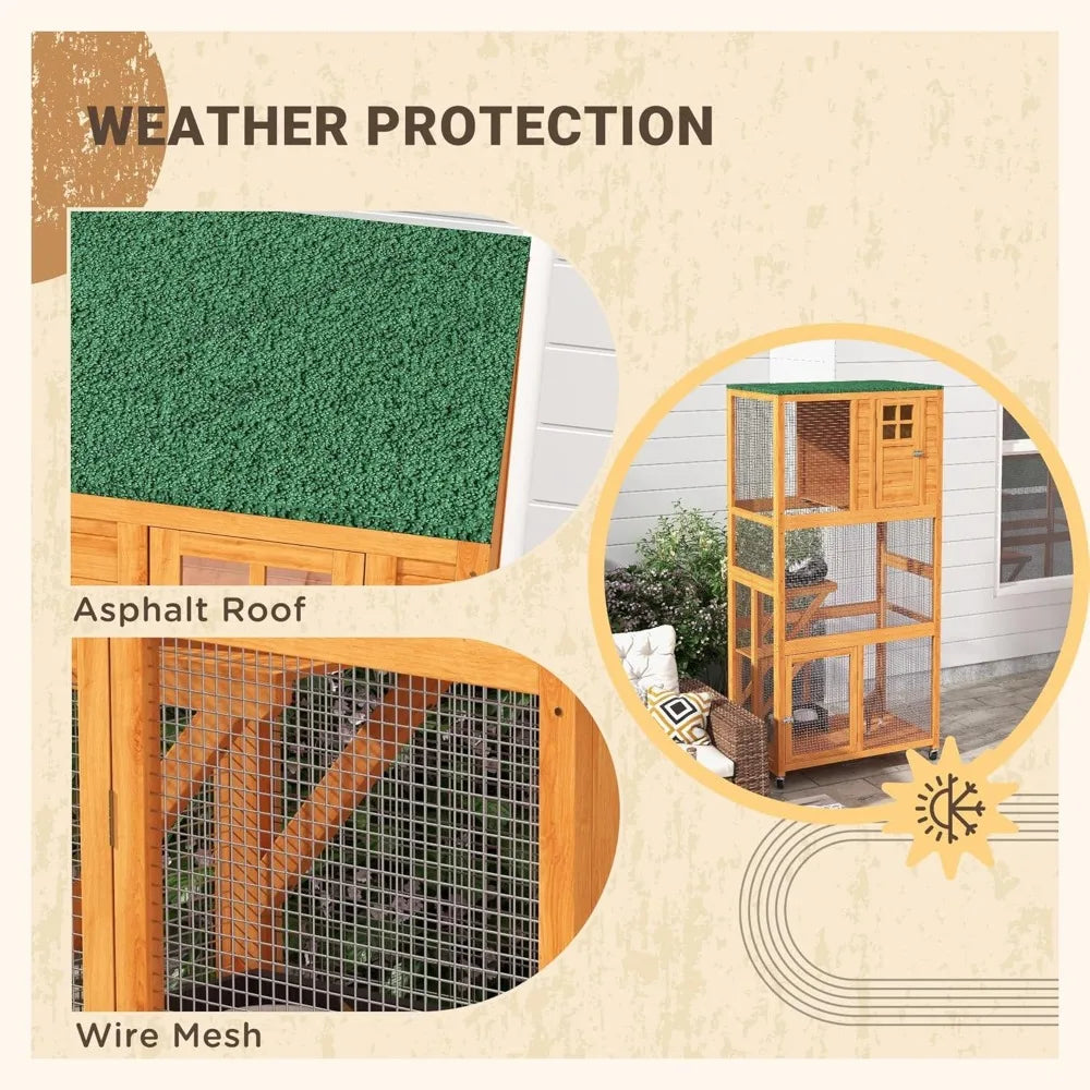 74" Wooden Catio Outdoor Cat House Weatherproof & Wheeled, Outside Cat Enclosure with High Weight Capacity, Kitten Cage Condo,