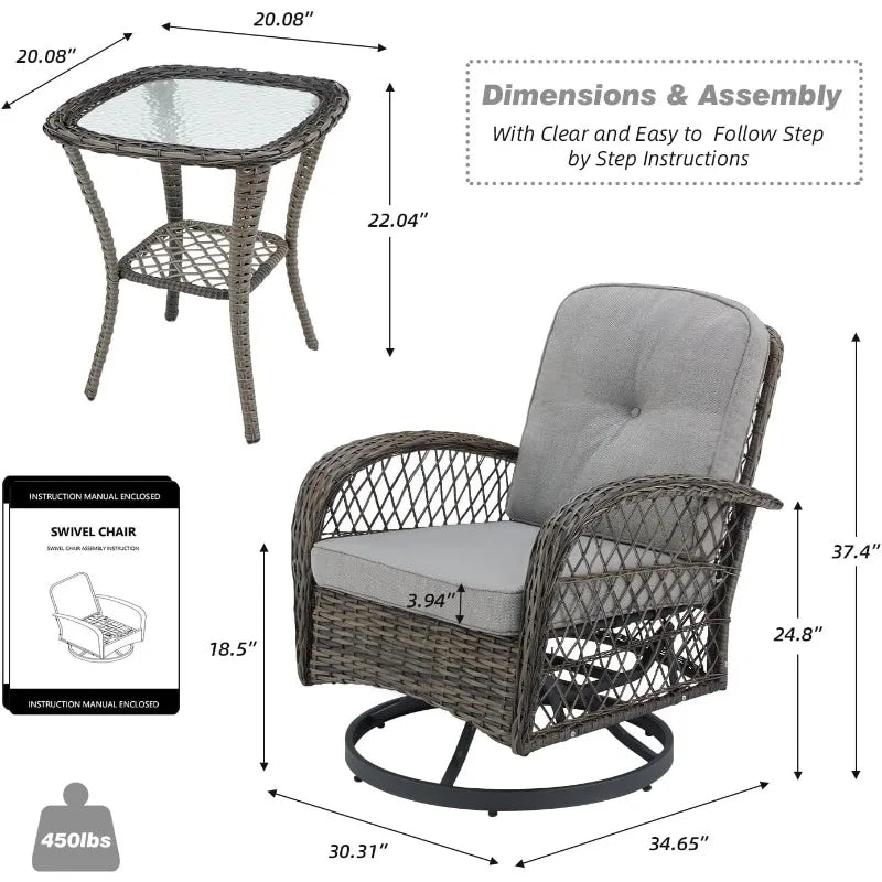 EROMMY 3 Pieces Outdoor Swivel Rocker Patio Chairs, 360 Degree Rocking Patio Conversation Set with Thickened Cushions